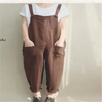 

Summer Womens Sleeveless Dungarees Solid Color Overalls Rompers Jumpsuit Loose Pants Overalls Linen Playsuits Plus Size M-4XL