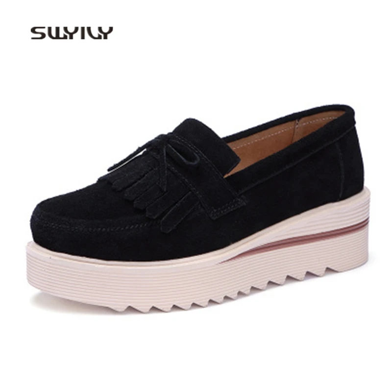 SWYIVY Women Walking Shoes Thick-sole Tassel Nubuck Swing Shoes 2018 Summer New Hard-wearing Female Muffin Heel Walking Shoes