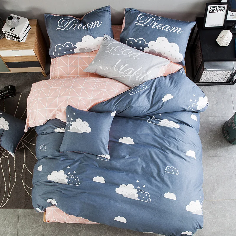 

Fresh style cloud / lemon / grid bedding sets 100% cotton linens Queen/king duvet cover+flat sheet+pillowcases coverlet