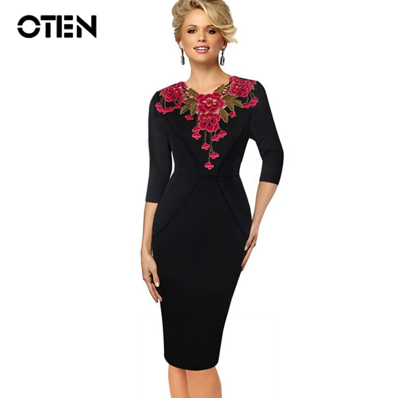 OTEN, женское Стильное элегантное платье с аппликацией, вышивкой «кроше», v-образным вырезом, для работы, офиса, бодикон, для женщин, рукав 3/4, облегающее, вечерние, Формальное