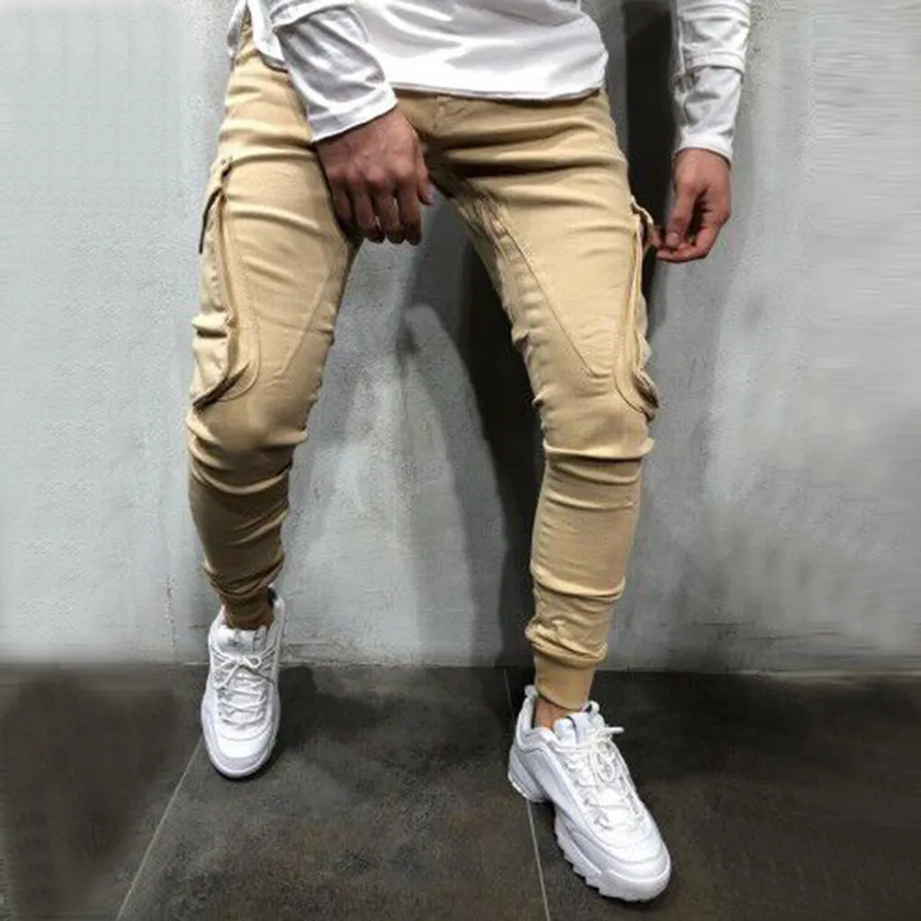 New Fashion Men's Slim Pure Color Casual Sports Woven Pocket Feet Pants pantalones hombre streetwear joggers sweatpants