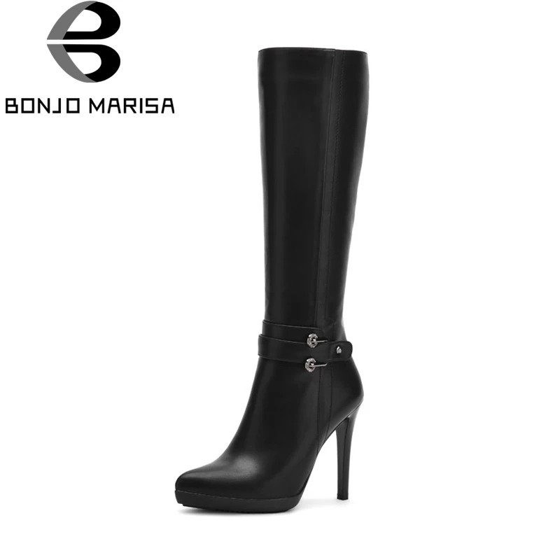 

BONJOMARISA Women's High Heels Pointed Toe Platform Winter Autumn Shoes Woman Zipper Closure Knee Boots Size 34-40