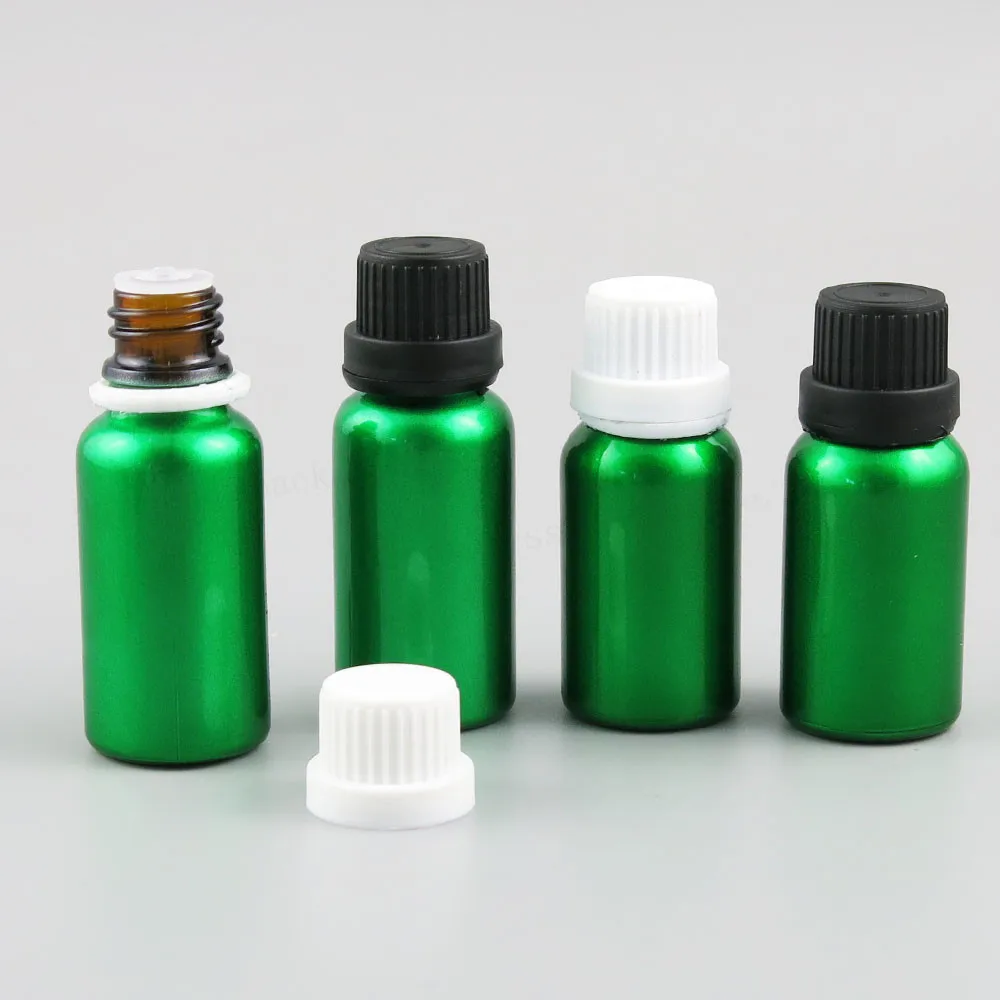 

1/2oz 2/3oz Refillable Green Glass Essential Oil Bottles Containers With White Black Tamper Evident cap 12pcs