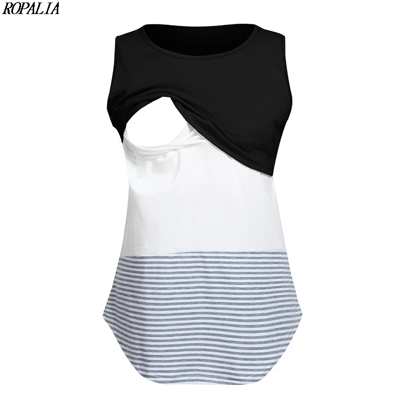 

Summer O-Neck Patchwork Striped Multi-Functional Mother Breast-Feeding T-Shirt Double Layered Sleeveless T Shirts Tops