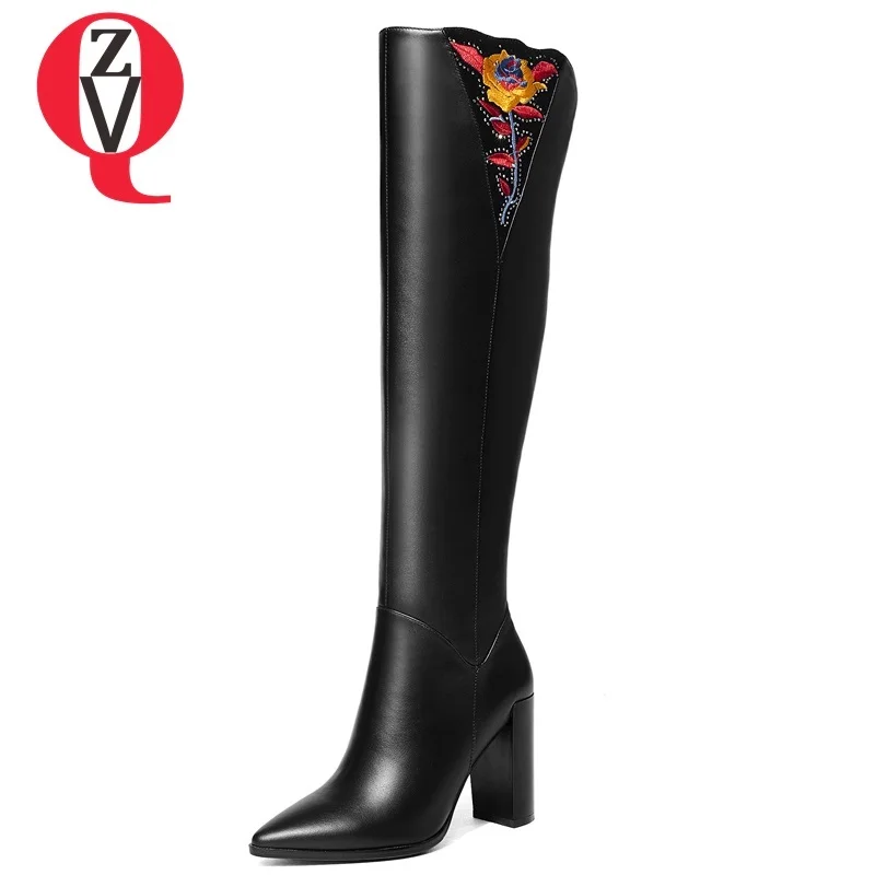 

ZVQ free shipping 2018 winter new fashion embroider genuine leather knee high boots super high square heel zipper shoes women