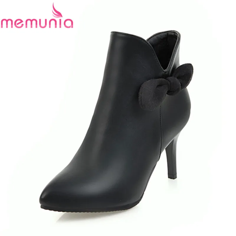 

MEMUNIA new arrival ladies boots 2020 pointed toe solid with butterfly knot thin high heels boots pu leather women ankle boots