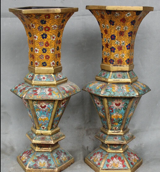 

xd 001791 Chinese Palace Cloisonne 100% Bronze Gold Carved Pot Vase Bottle Statue Pair