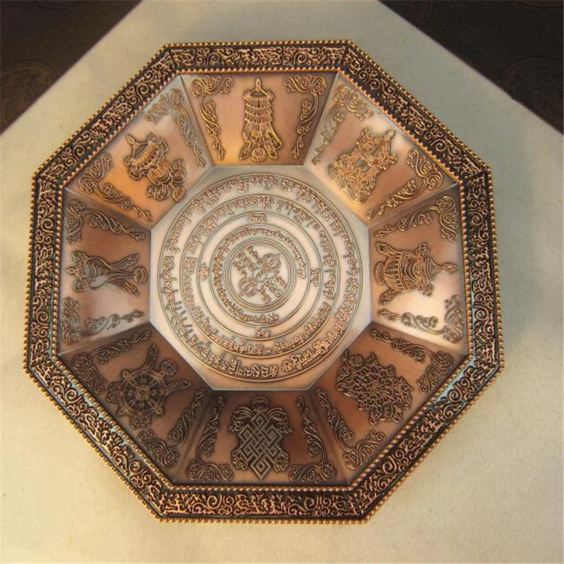 Octagon Tibet Buddhist Scriptures Burning Tray Fantastic Rised Incantation Eight Auspicious Symbols Fire Sacrificial Dish