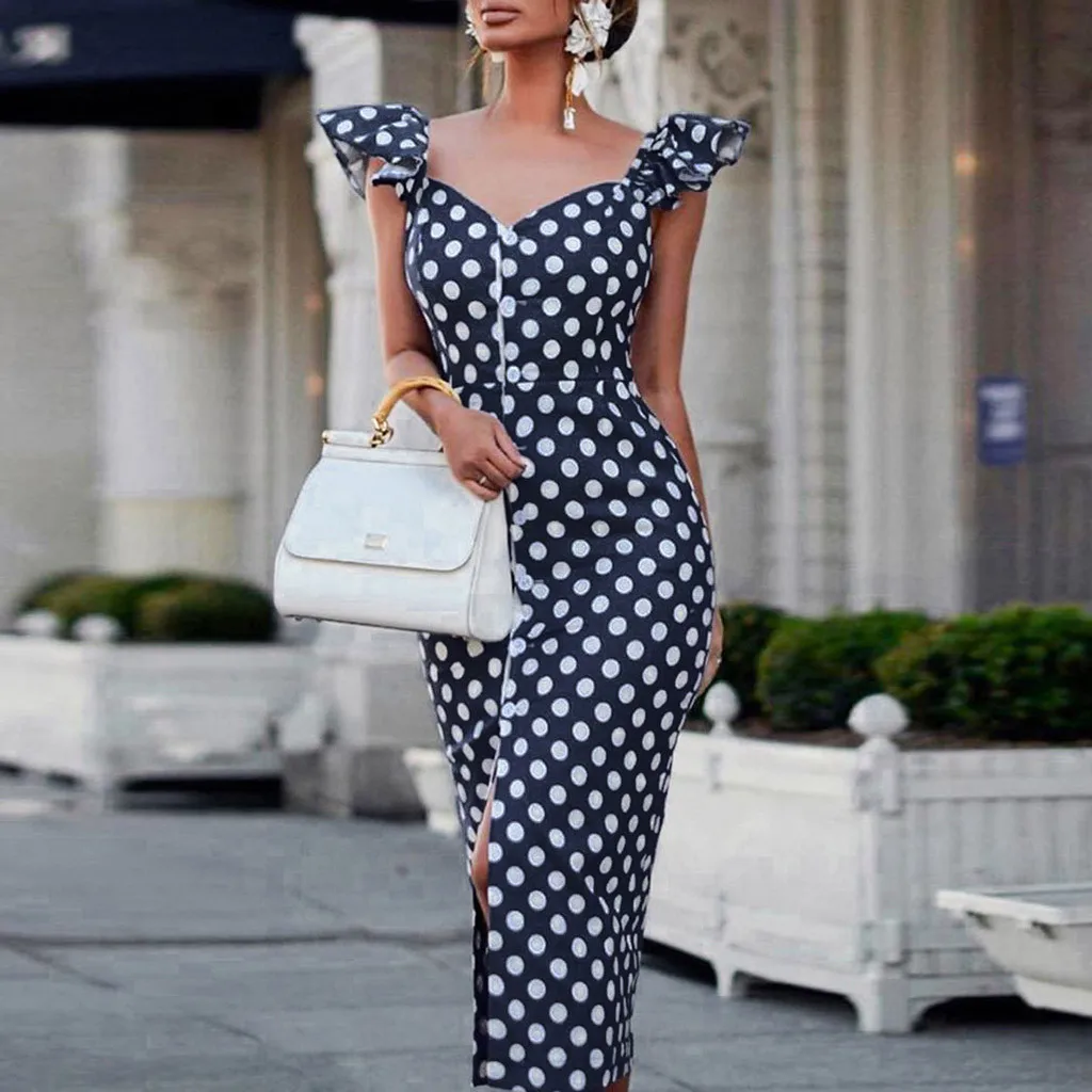 JAYCOSIN Women Dress Ruffles Print Polka Dot Sexy Bodycon Beach Female Sleeveless Summer Party Slit Long Maxi Dresses Vestidos | Женская