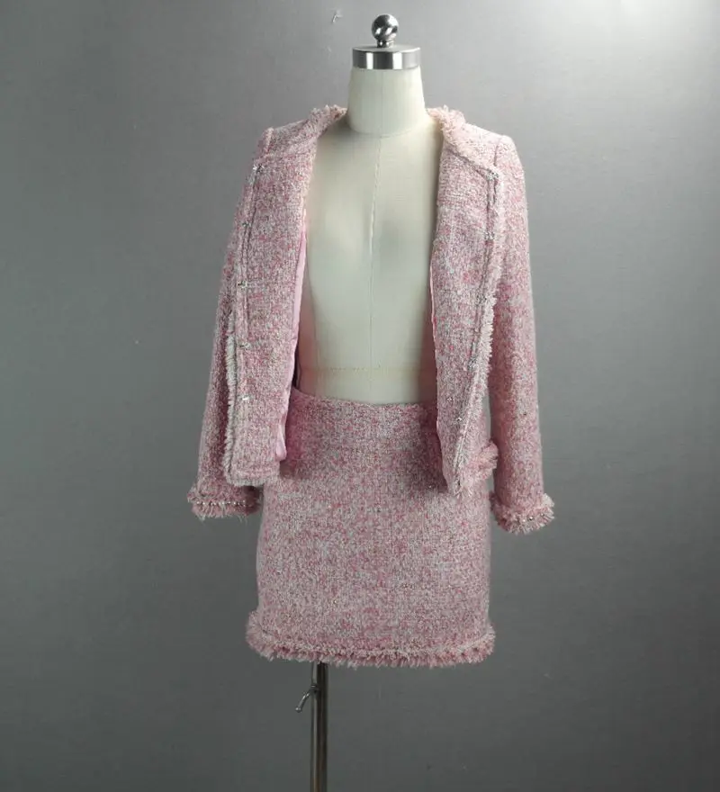 Розовый твидовый пиджак+ юбка костюмы ручной работы из бисера весна / осень / зима Женское пальто новая юбка из 2-х частей костюм женские куртки