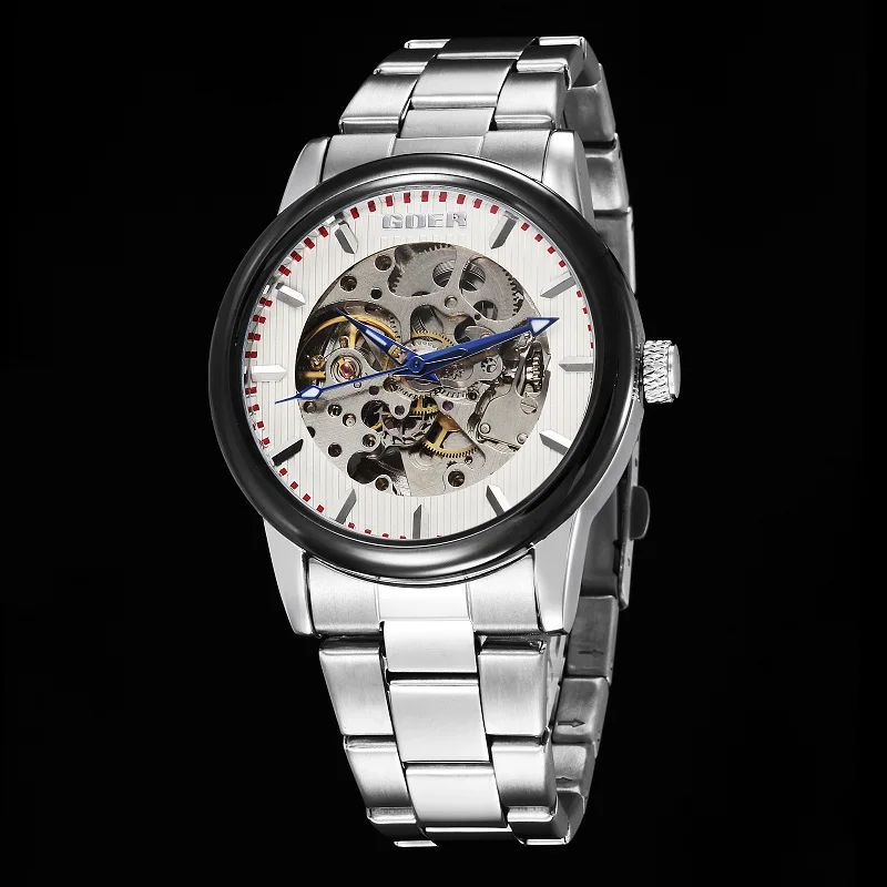 GOER brand Men s Stainless Steel wrist watch sports waterproof mechanical Automatic male Luminous Skeleton Watch