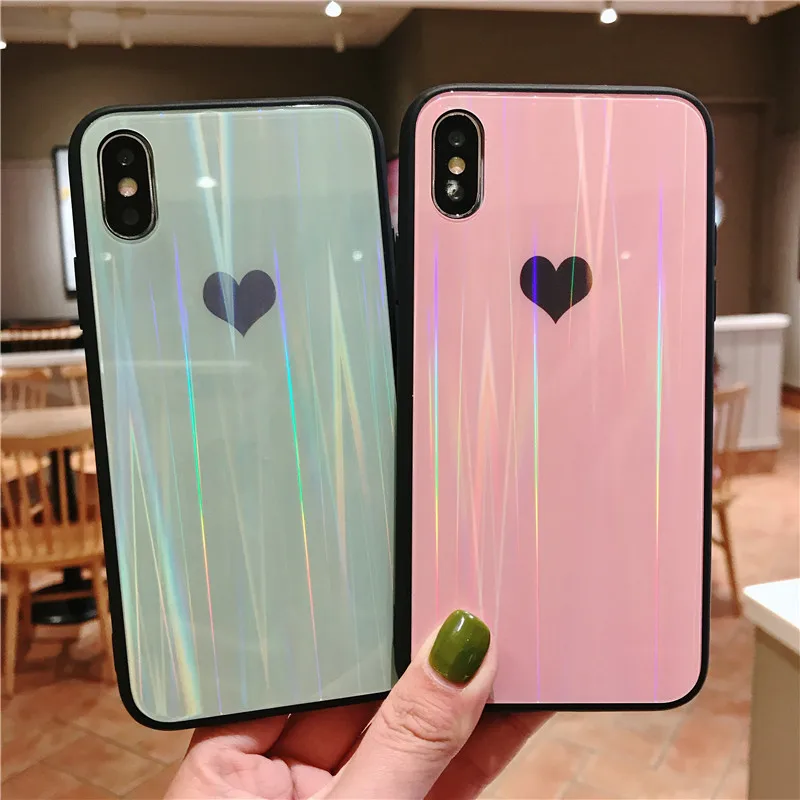 

Fashion Heart Love Tempered Glass Case For iphone X XS Max XR 10 7 8 6 6S Plus Aurora Phone For iphone 7+ Anti-fall Capa Cover