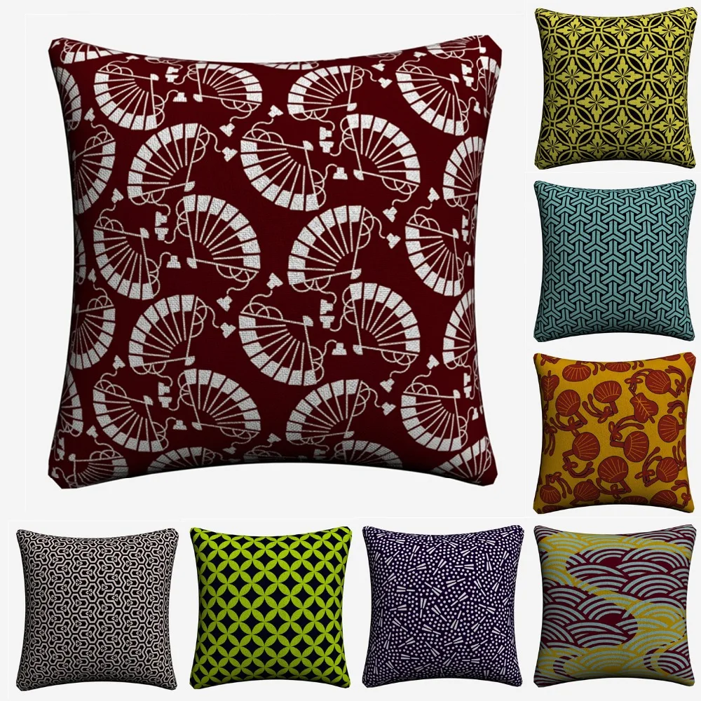 Vintage Traditional Japanese Fans Decorative Cotton Linen Cushion Covers 45x45cm Soft Pillowcase