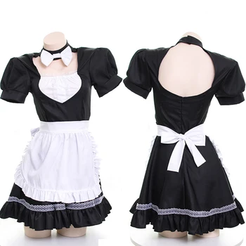 

Sexy Women Maid Uniform Dress Japanese Style Lolita Bowknot Lace Ruffle Backless Dress Summer Short Sleeve Suit