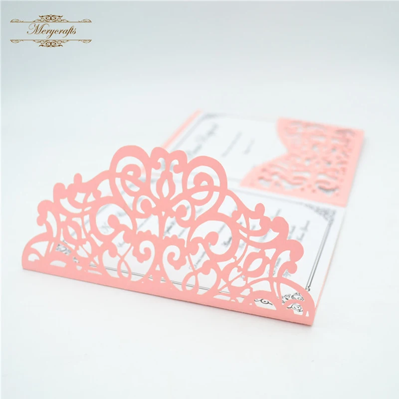 

Pink pearl Tir-folding Type laser cut pocket fold weeding invitations card