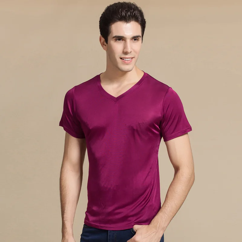 Натуральный шелк трикотажные Для мужчин футболка двусторонний трикотажные чистого шелка Для мужчин футболка шелковая футболка Для мужчин шелк топы корректирующие - Цвет: Purple Red
