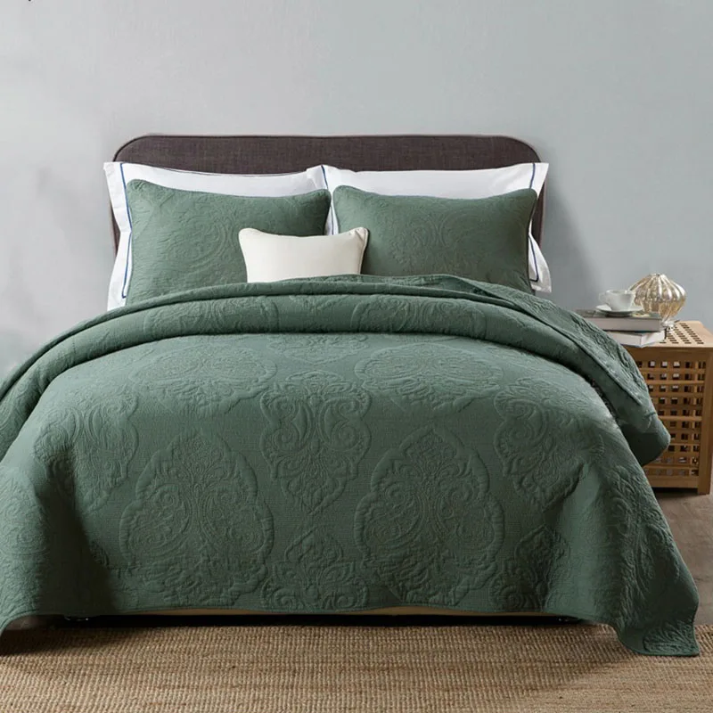 

Navy Green Cotton Bedspread Quilt Set 3pcs Coverlet Solid Paisley Embroidered Quilts Bed Cover Pillowcase King Size Blanket