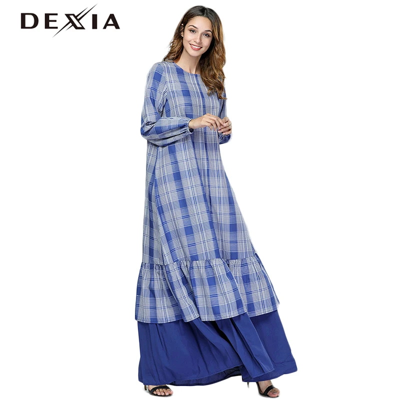 7444 Maxi Plus Bohemian Party Long Blue Sleeve Dexia 4xl Size Spring Plaid Full Dress Robe Women Loose Office 3xl wPPOnqI7T