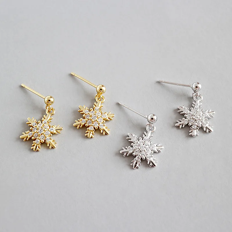 snowflake golden silver earrings zircon 100% 925 Sterling silver Jewelry fashion Hypoallergenic Stud earrings for women gift
