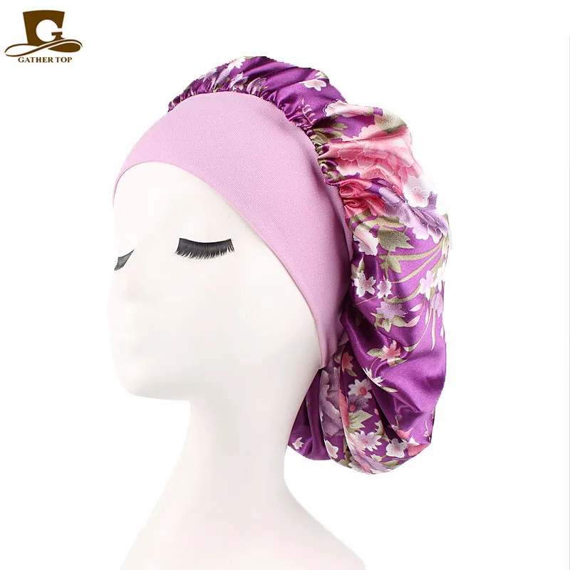 Новая модная ночная шапка для сна, широкий диапазон, Африканский Цветочный Принт, Атласная шапочка, Женская повязка на голову, шапка, шапка Хемо, вьющиеся Весенние шапки - Цвет: Фиолетовый