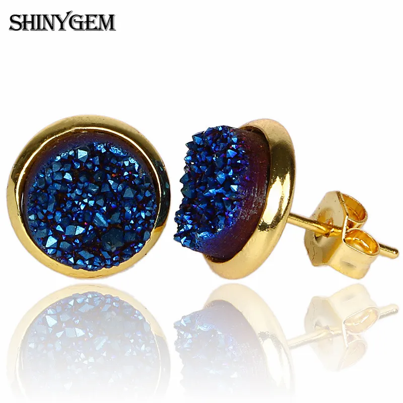 Shinygem новая модная обувь с украшением в виде кристаллов Стад Серьги с золотым покрытием красочные Druzy серьги 8 мм круглый Натуральный камень маленькие серьги для Для женщин - Окраска металла: Blue
