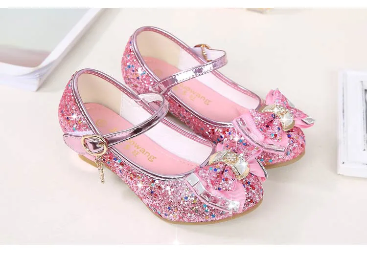 ULKNN Kids Leather Shoes for Girls Flower Casual Glitter Children High Heel 2021 Girls Shoes Butterfly Knot Blue Pink Silver children's sandals