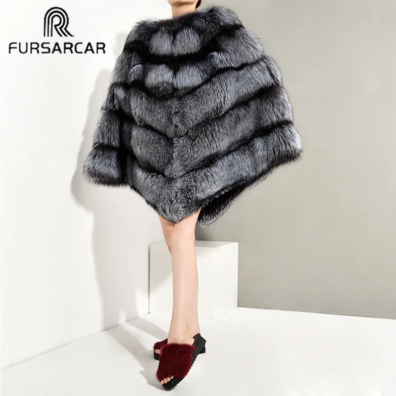 

FURSARCAR 2019 Winter New Real Silver Fox Fur Cape Women Thick Warm Fox Fur Wrap Fashion Shawl Female Fox Fur Poncho O-Neck