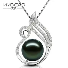 MYDEAR Pearl Jewelry Fashion Pure 9-10mm Tahitian Black Pearl Pendant Silver Chain Necklace,High Luster,Best Gift For Women