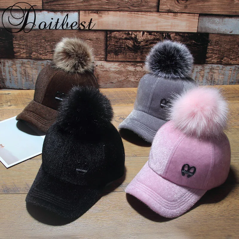 

2017 Korean Child Hip Hop Baseball Cap Wool fur hair ball kids Winter Hat Boys Girls solid snapback Caps Parent-child caps