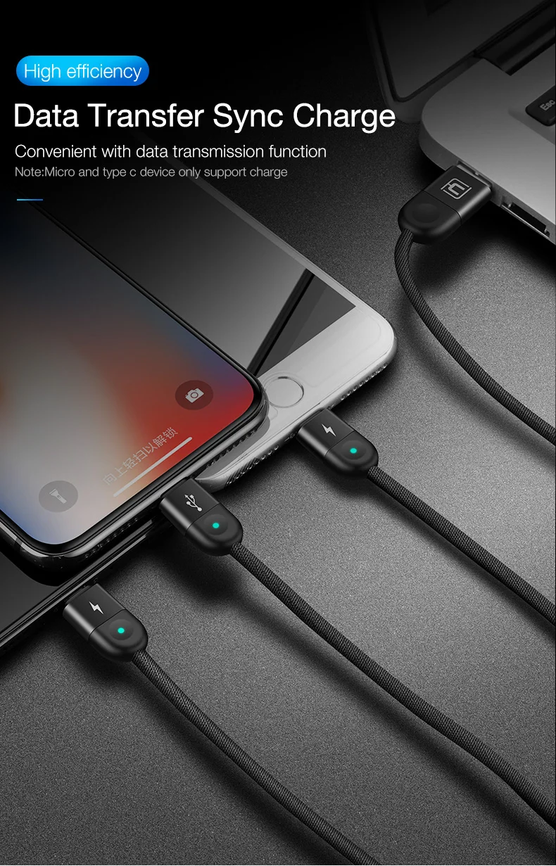 Cafele 3в1 светодиодный usb-кабель для iPhone Micro USB type C нейлоновый Плетеный usb-кабель для iPhone huawei Xiaomi Быстрая зарядка