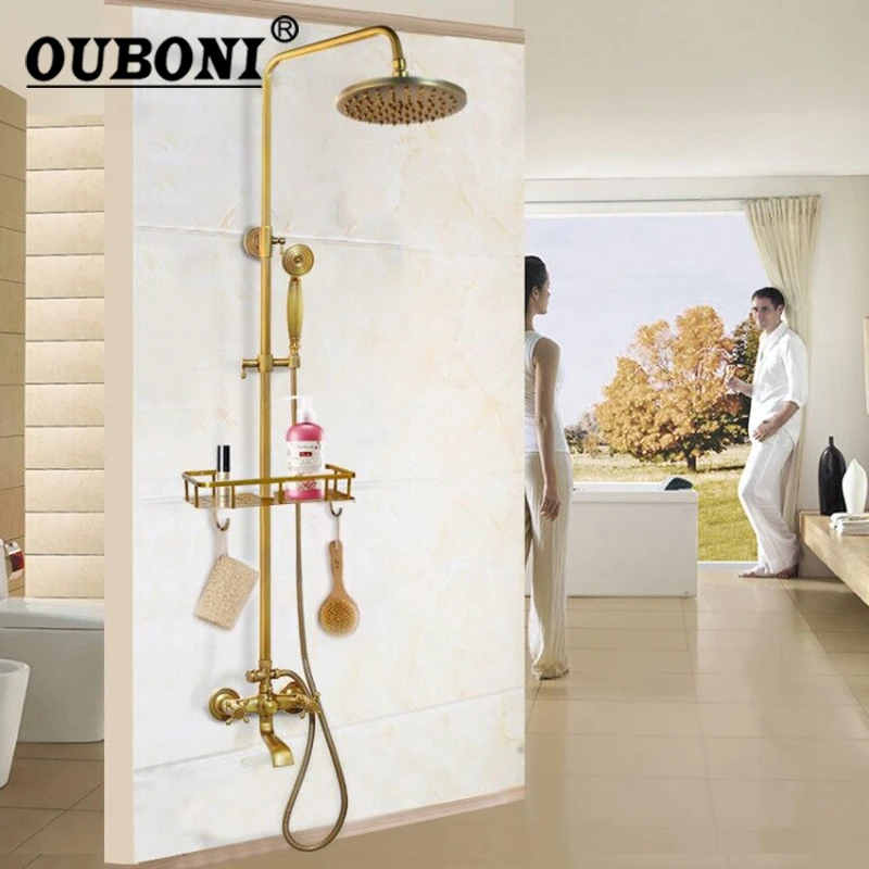 OUBONI 8 Inch Antique Brass Rainfall Head Bathroom Shower Faucet Set Hand Shower 3 Functions Shelf Wall Mount Mixer Tap Sets