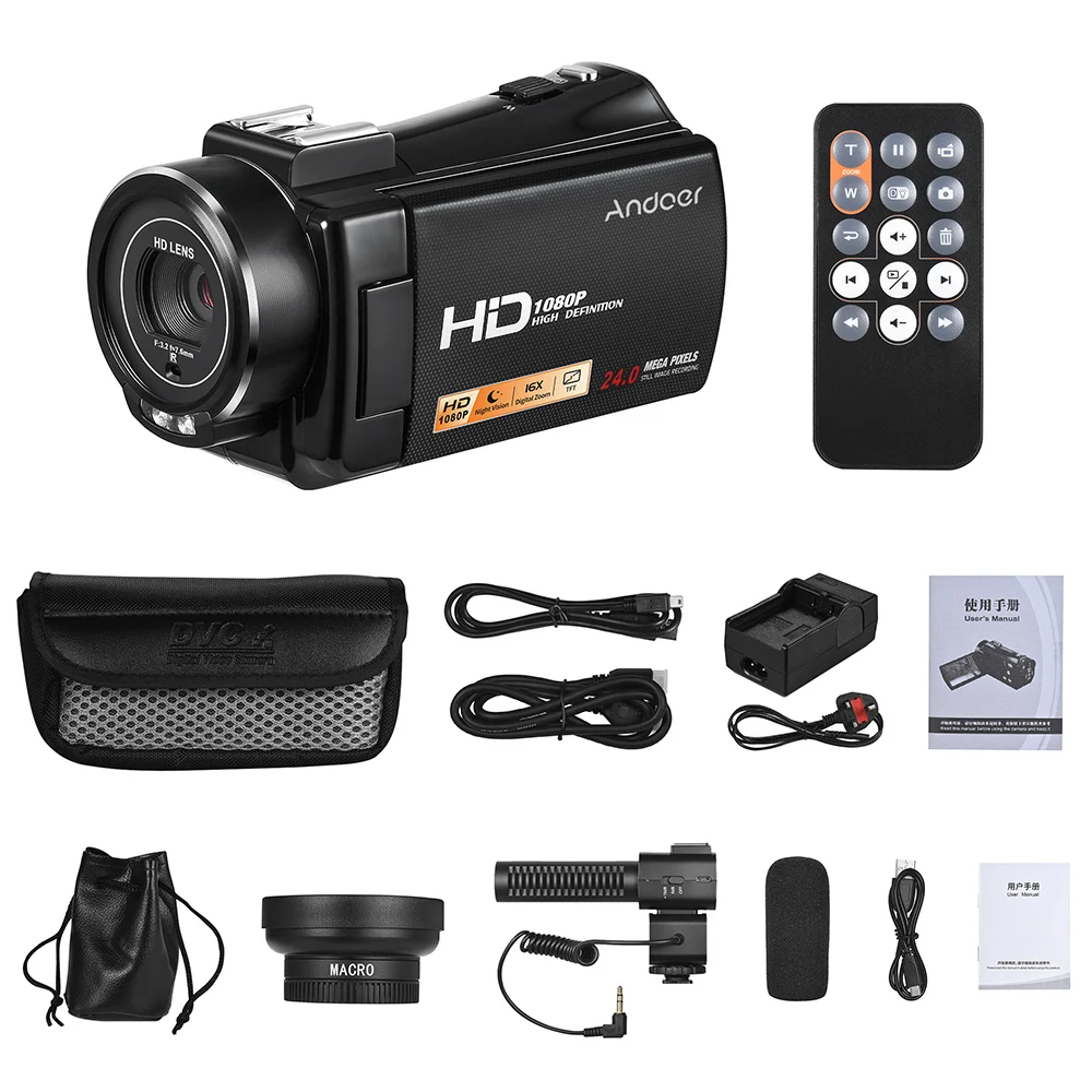 Andoer 1080P Full HD 24 МП Портативная Цифровая видеокамера 0.45X Широкоугольный объектив