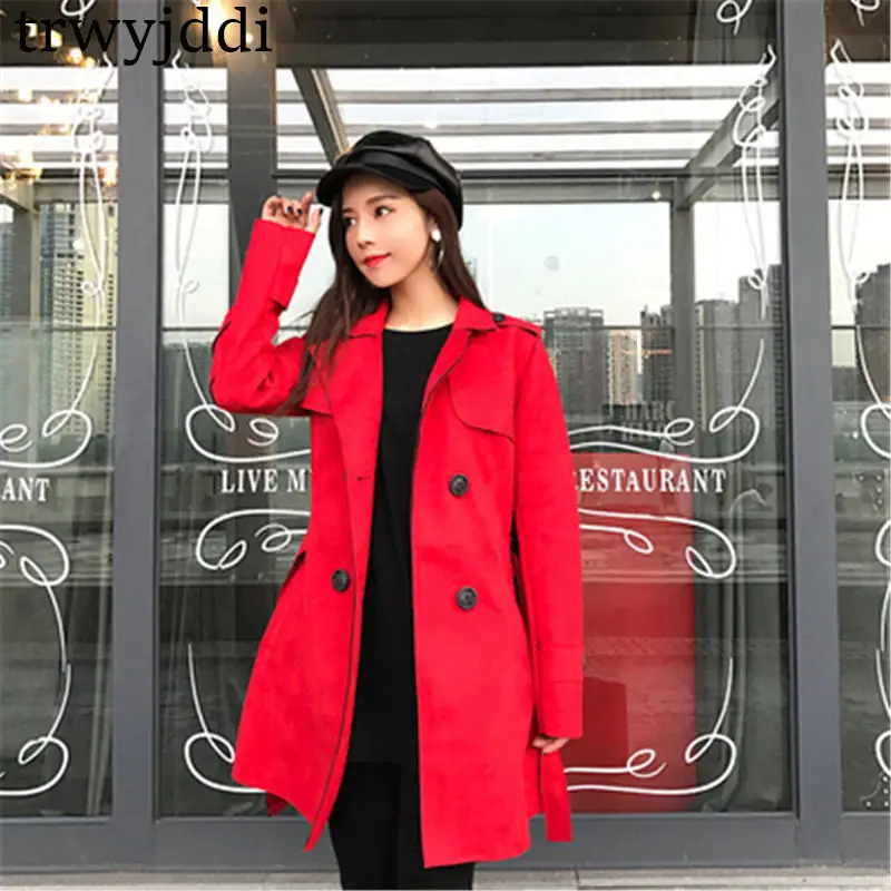 Новинка, весенне-осеннее замшевое пальто для женщин, пояс с отложным воротником, тонкое пальто, средневековый длинный Женский Тренч N413 - Цвет: red