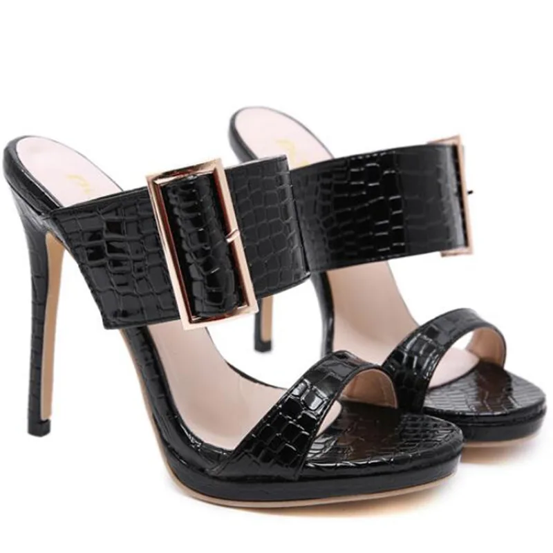 

BAYUXSHUO New Summer Snake Pattern Ladies High Heel Slippers Buckle Open Toe Stiletto Heels Fashion Roman Style Women Shoes