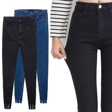 Джинсы с высокой талией, женские обтягивающие рваные джинсы, джинсовые брюки, длинные джинсы-карандаш с бахромой и краем ноги, pantalon vaquero mujer cintura alta