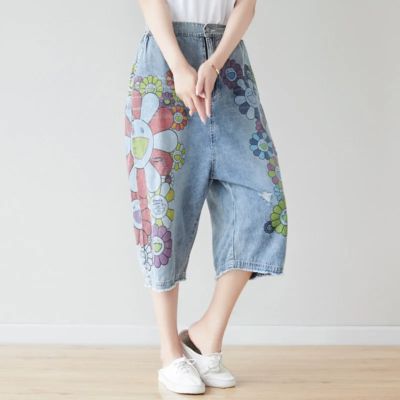 

Thin Jeans Women Ripped hole Knee Length Denim Pants Hip Hop Boyfriends Wide Leg Trousers Low Crotch Pants Printed Loose Jogger