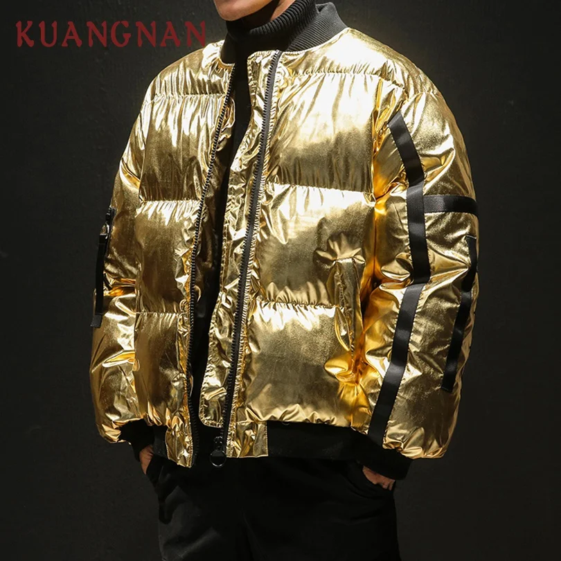 

KUANGNAN Japanese Hip Hop Loose Golden Winter Jacket Men Parka Silver Coat Mens Jackets Coats 5XL Parka Men Clothes 2018 New