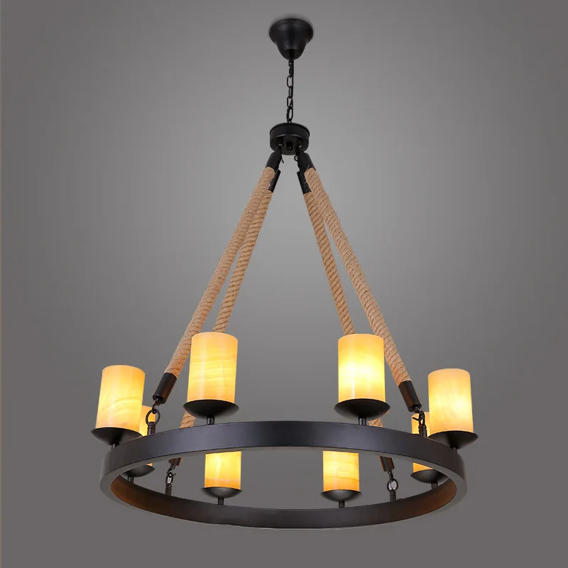 

Vintage Chandeliers Lamps American 8 Heads Rings Hemp Rope Stone Pendant Lamp Cafe/Bar Retro Hanging Light Fixture E14 WPL176