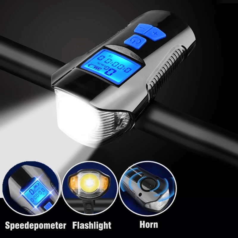 

Hot Multifunction Waterproof Bicycle Light Bike Computer 6 Mode Horn Flashlight Cycling Front Headlight Speedometer USB Charging