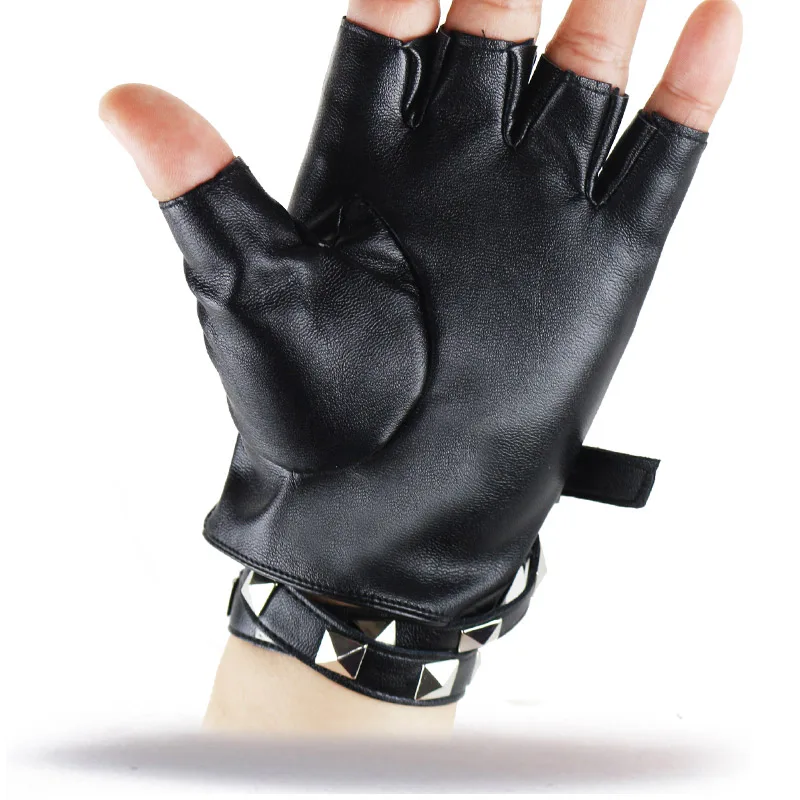 1 Pair Half Finger PU Leather Gloves Punk Rivet Fingerless Motorcycle Gloves 