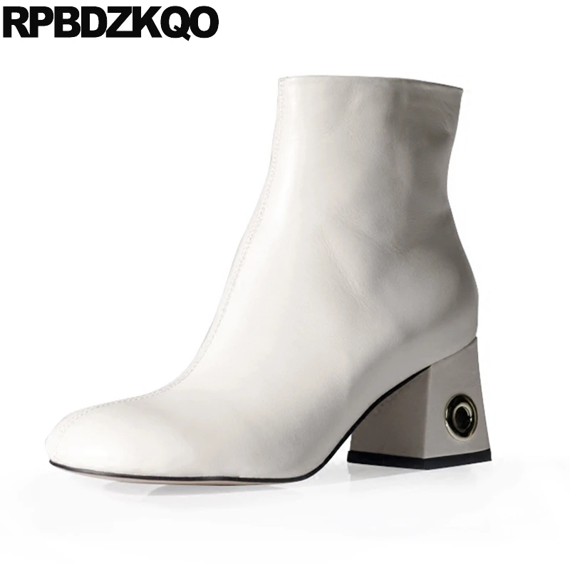 

Genuine Leather Luxury Winter Beige Fur Round Toe Metal Side Zip Boots Shoes Ankle Booties Fall Elegant Chinese Female 2017 New