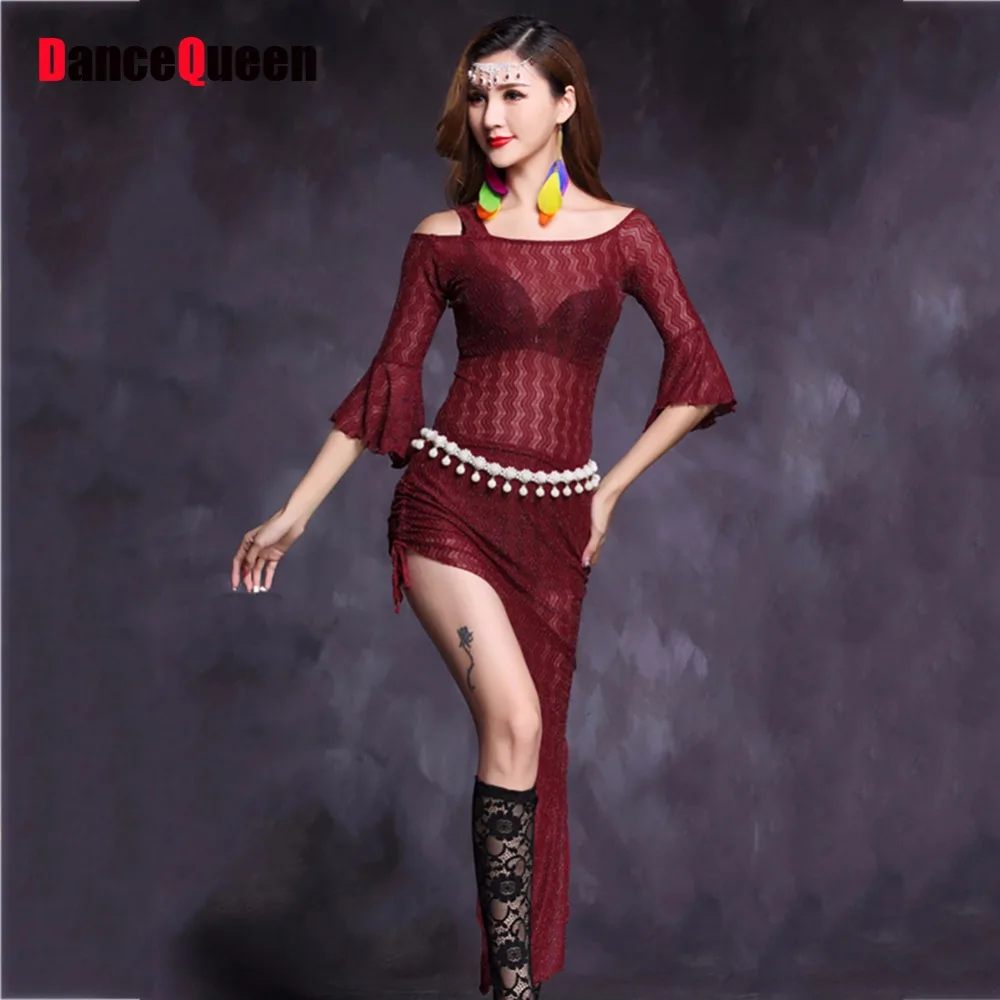 Cheap Belly Dance Skirt Suit For Ladies Burgundy Tops with Skirts 2 Pieces Set Women Femine Square Indian Stage Habiliment 11059