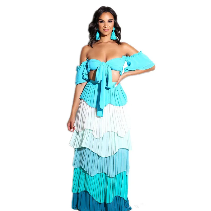 

Sexy Women 3 Colors Strapless Crop Top Long Skirt Two Piece Sets Clubwear Party Colorful Stripe 2 Piece Sets