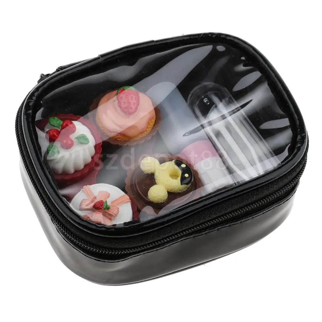 2 Set Mini Contact Lens Box Travel Cartoon Cute Cream Cake Contact Lenses Holder with Storage Zipper Pouch Black/ Rose Red
