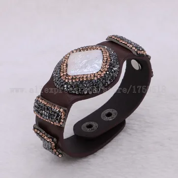 

5Pcs Mixed colors Leather Bangle Pu Wacth Type Bracelet Natural pearls fashion Party Gem jewelry Fashion 2413-5
