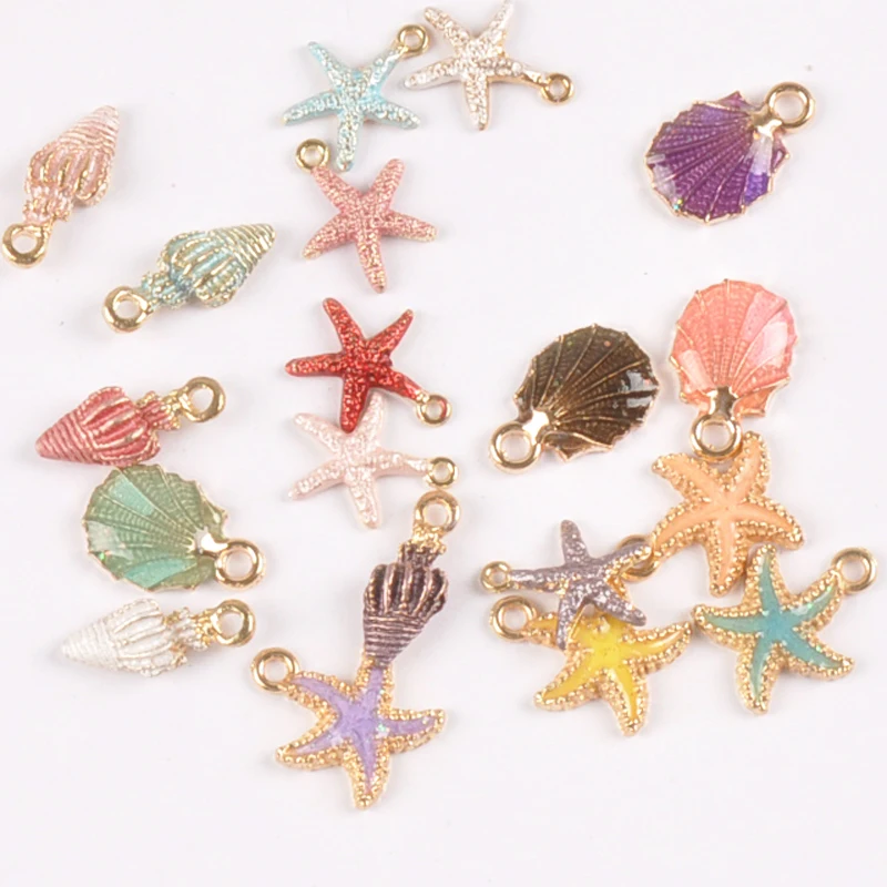

10pcs Mix colour Drop Oil Enamel Charms shell and starfish Pendant for Jewelry Bracelet Necklace Making 16-19mm YKL0684