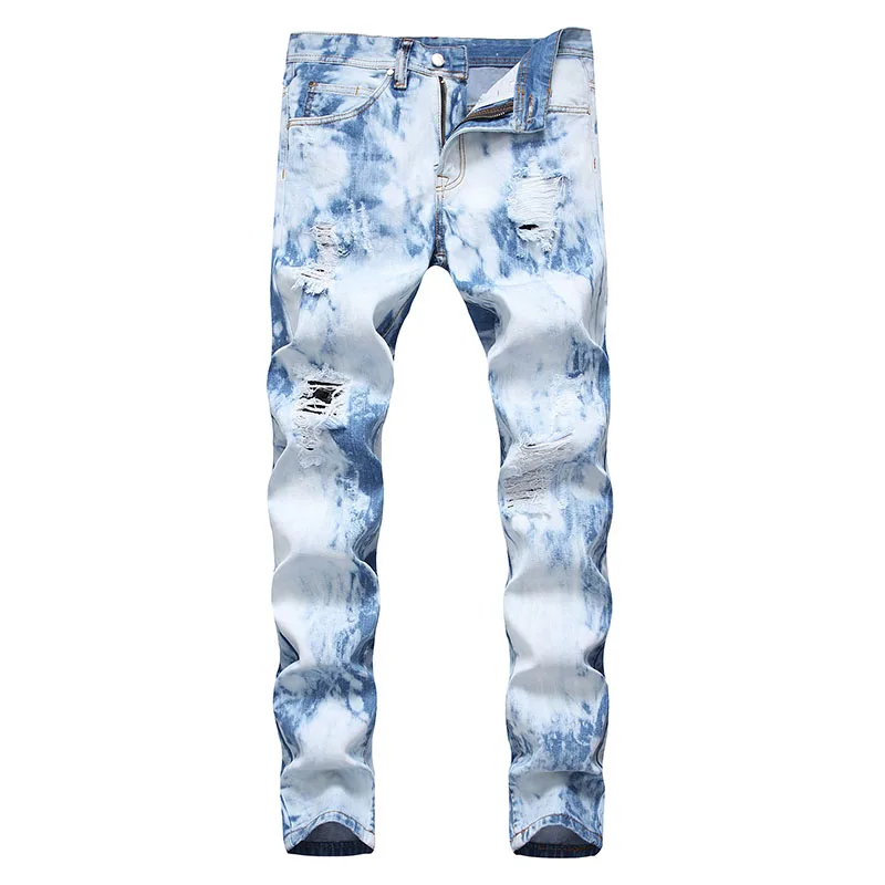 Mcikkny Fashion Men's Ripped Holes Denim Trousers Washed High Street Pleated Jeans Pants For Male Straight Size 30-38  (1)