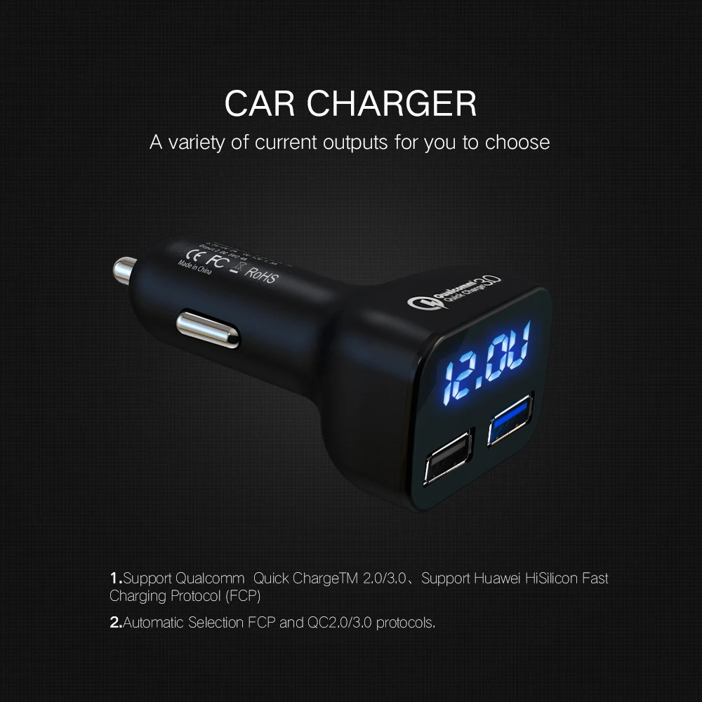 Vikefon Quick Charge 3,0 устройство для автомобиля с двумя портами USB Зарядное устройство с светодиодный Дисплей универсальные чехлы для мобильного телефона автомобиля-Зарядное устройство для Xiaomi samsung iPhone планшеты и т. д