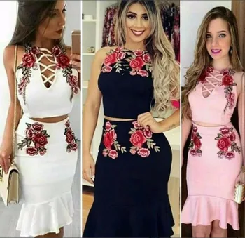 

Fashion Women Sexy Dress Sleeveless Floral Embroidery Elegant Dress 2 Piece Bandage Bodycon Dress