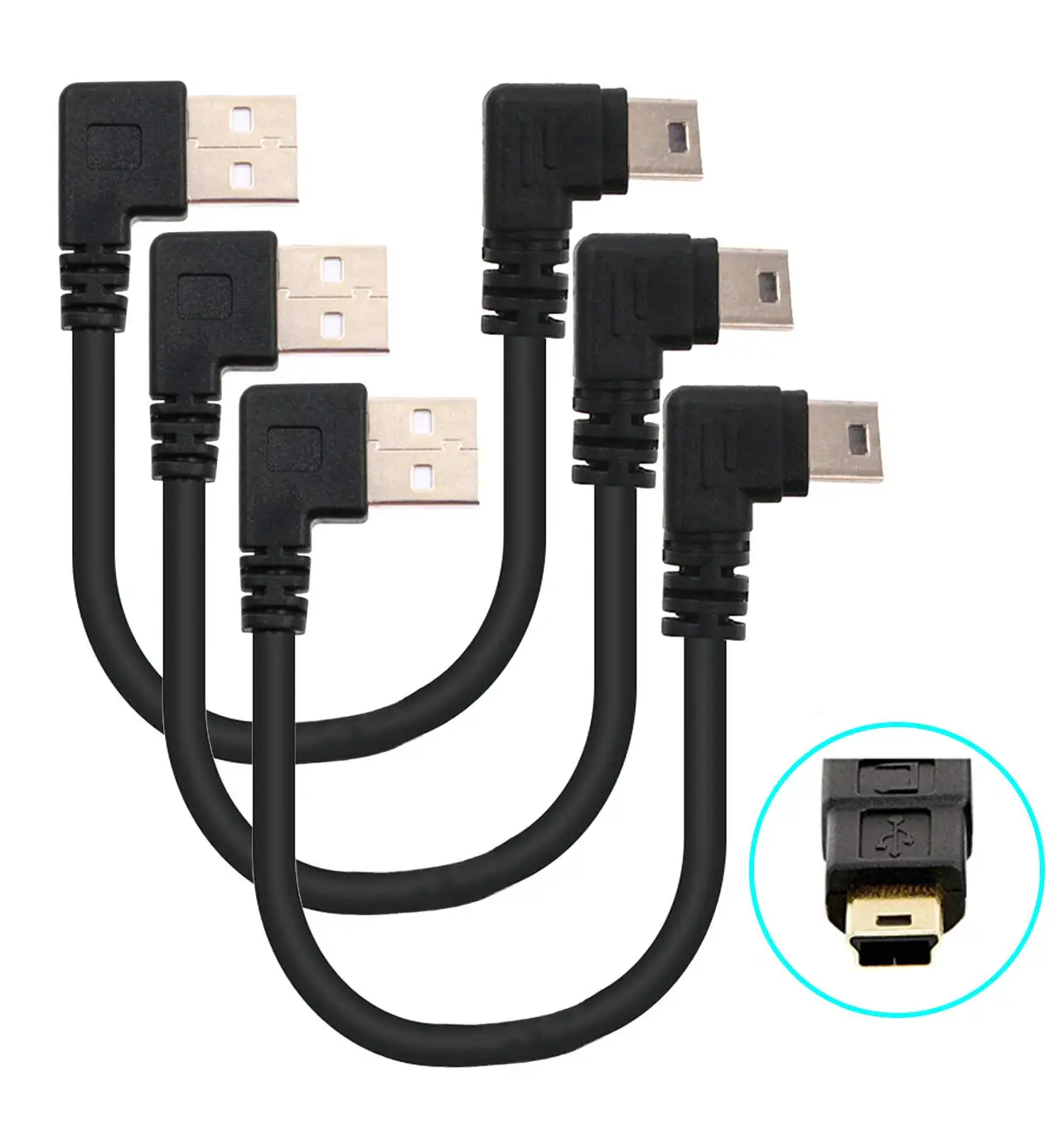 Короткий USB 2,0 кабель Тип A папа к Mini B USB Кабель зарядного устройства, двойной 90 градусов под прямым углом 5 Pin позолоченный 25 см(упаковка из 3